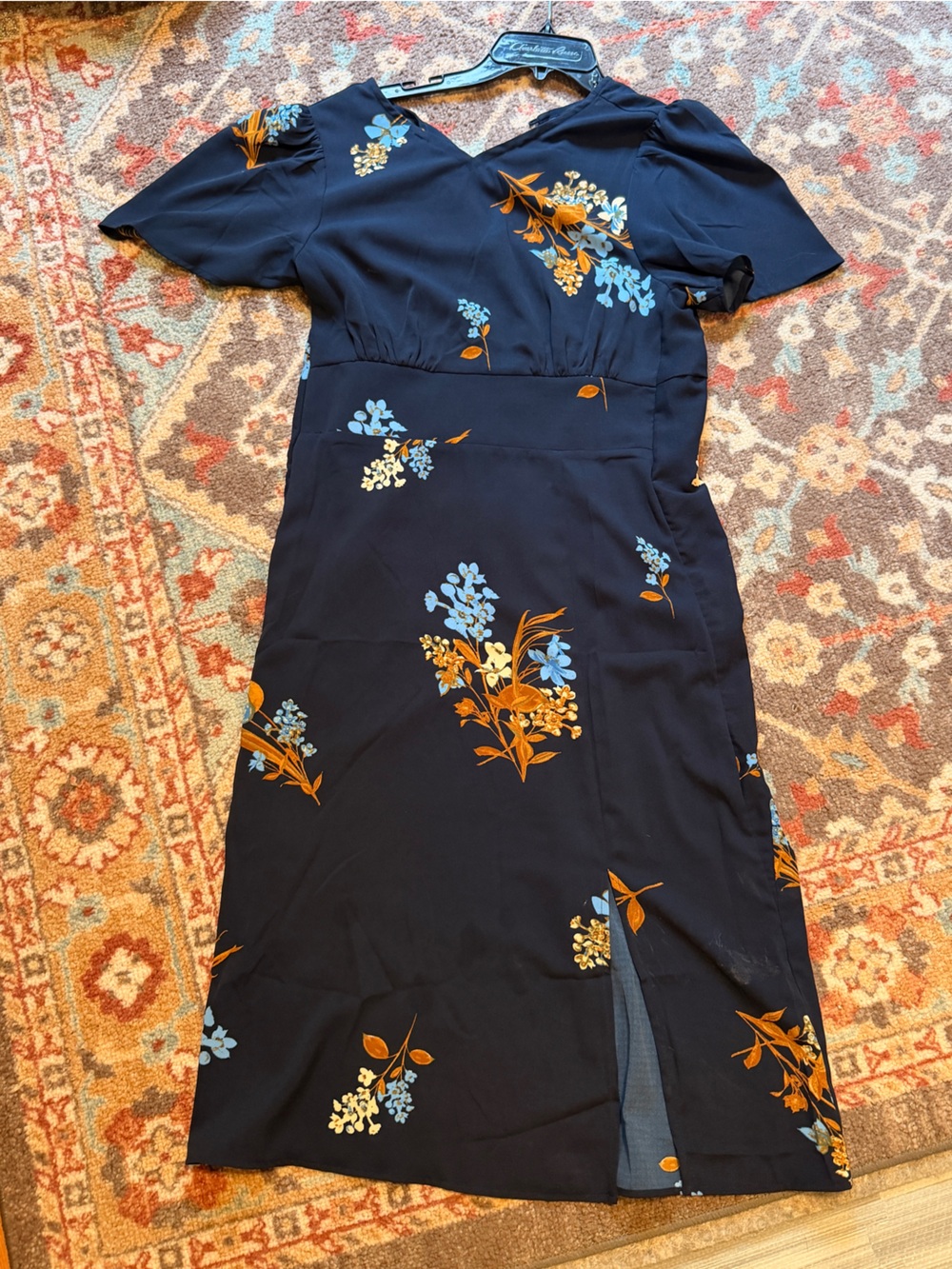 41 Hawthorn Navy Floral Midi Dress with Blue and Tan Accents